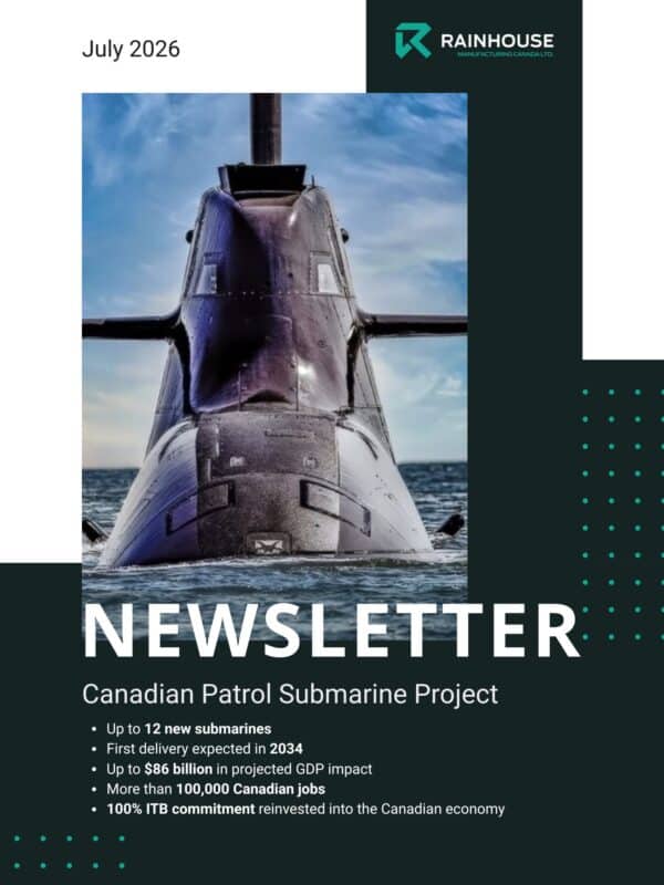 Cover page of the Rainhouse Manufacturing Canada Ltd. July 2026 newsletter featuring the Canadian Patrol Submarine Project. A surfaced submarine is displayed prominently alongside key program highlights, including up to 12 new submarines, first delivery expected in 2034, up to $86 billion in projected GDP impact, more than 100,000 Canadian jobs, and a 100% Industrial and Technological Benefits (ITB) commitment reinvested into the Canadian economy.