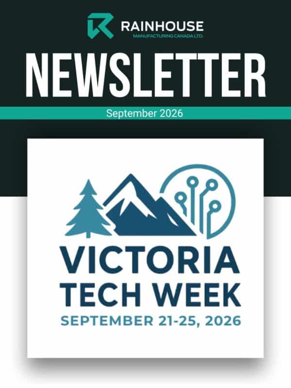 Rainhouse September 2026 newsletter featuring the Victoria Tech Week logo and September 21 to 25, 2026 event dates.
